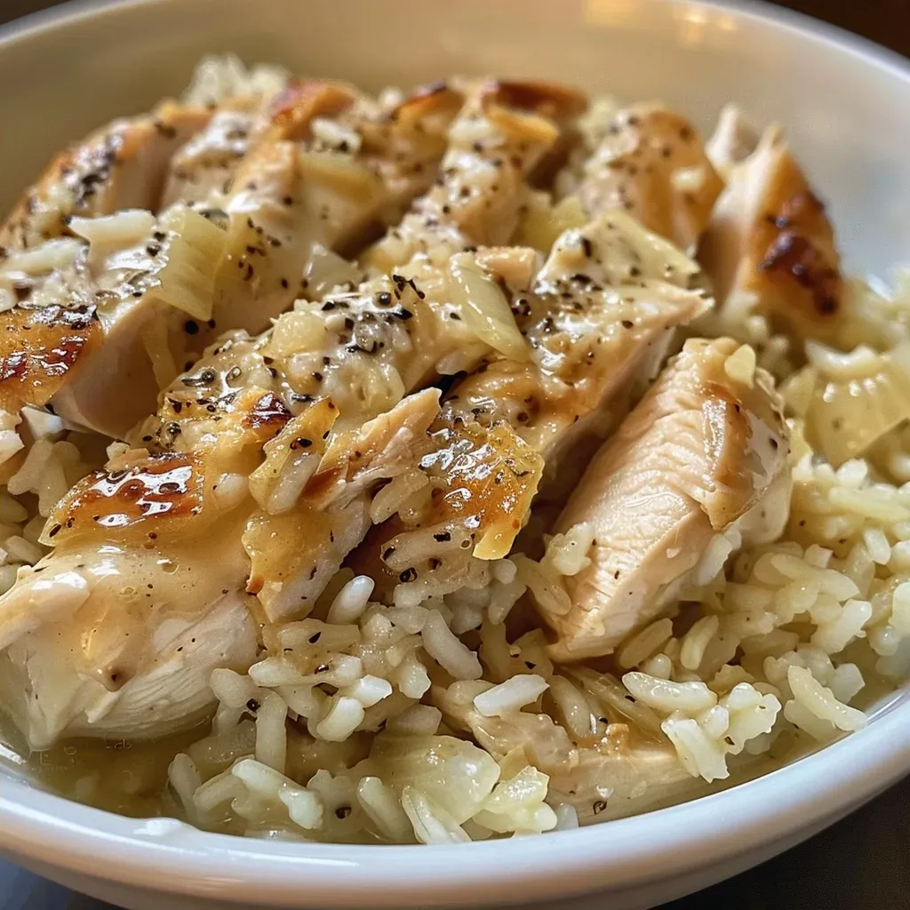 Side view of a bowl filled with creamy Crock Pot Chicken and Rice, highlighting its rich texture and ingredients.