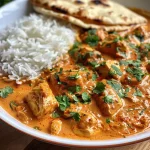 Close-up view of juicy Crockpot Butter Chicken garnished with cilantro.