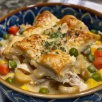 Close-up view of a steaming Crockpot Chicken Pot Pie with flaky biscuit topping.