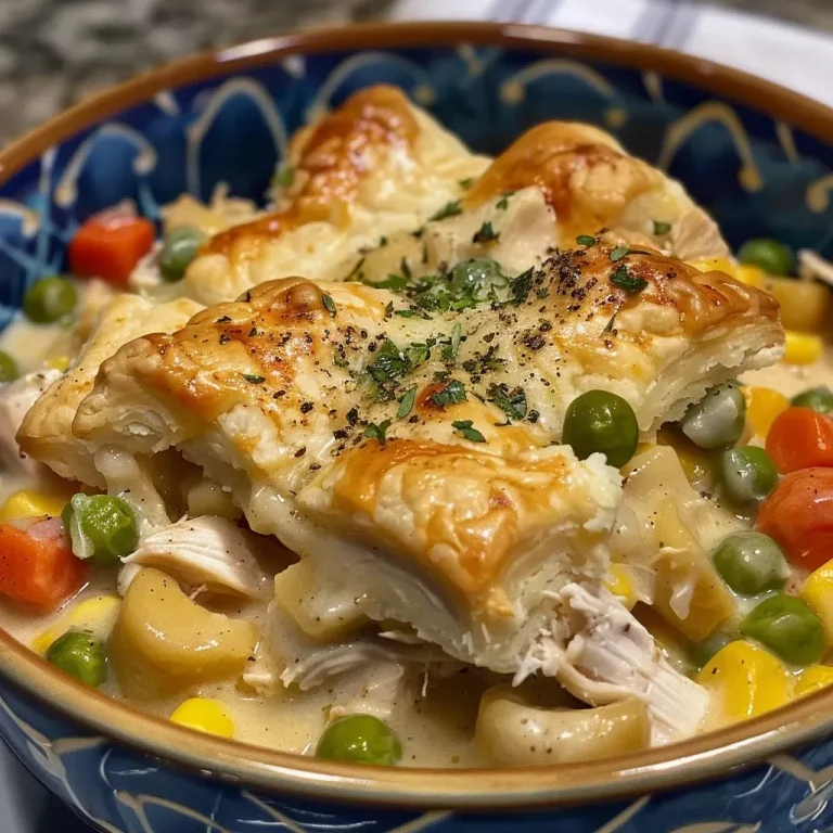 Close-up view of a steaming Crockpot Chicken Pot Pie with flaky biscuit topping.