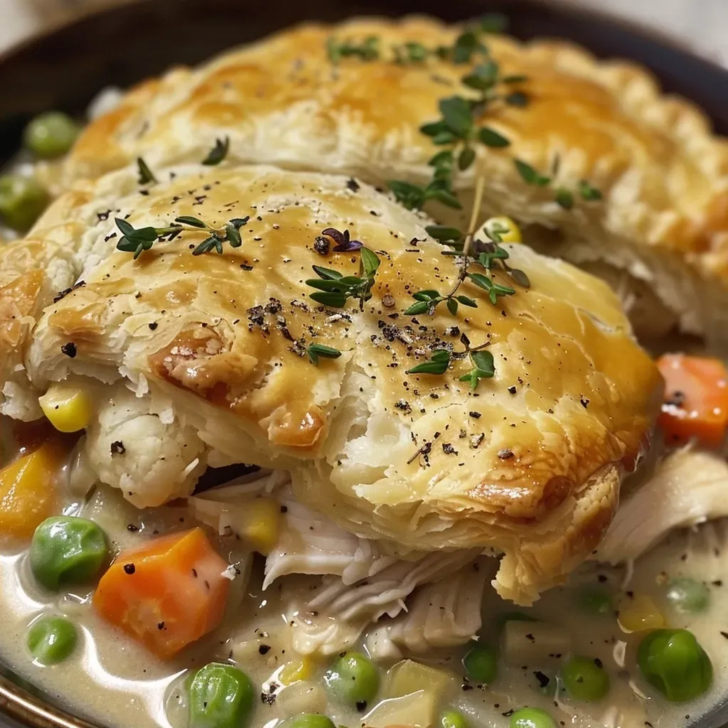 Side view of a delicious Chicken Pot Pie in a crockpot, showing mixed vegetables and chicken.