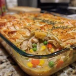 Close-up view of a crustless chicken pot pie, showcasing diced chicken and colorful vegetables.