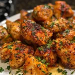 Juicy garlic butter chicken bites displayed on a plate with herbs.