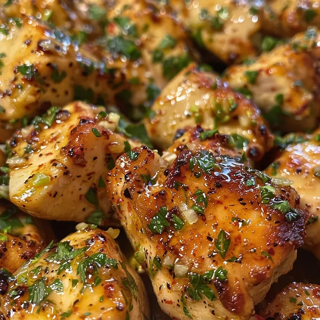 Close-up of succulent garlic butter chicken pieces with a lemon wedge.