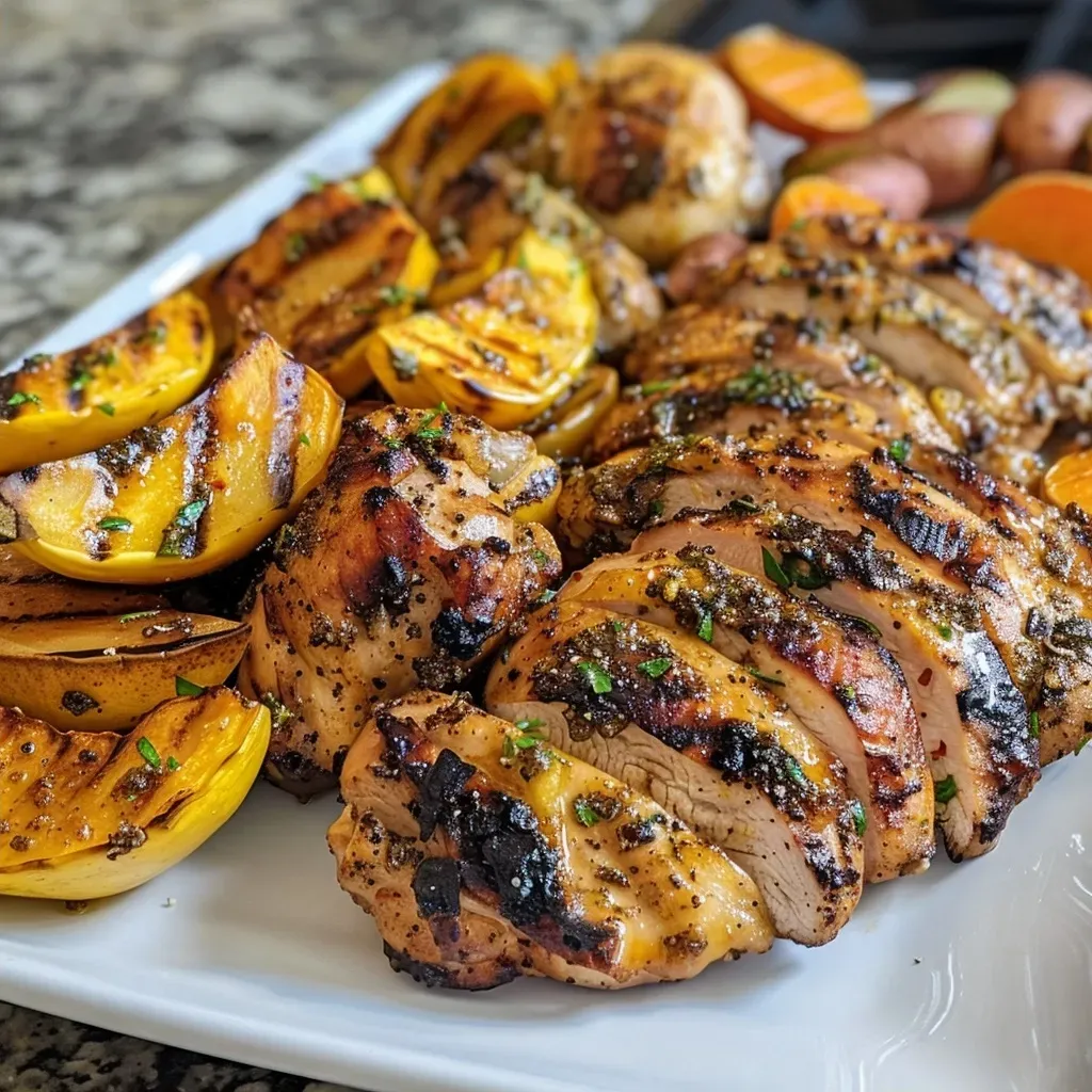Close-up view of grilled chicken parts with caramelized edges and fresh herbs.