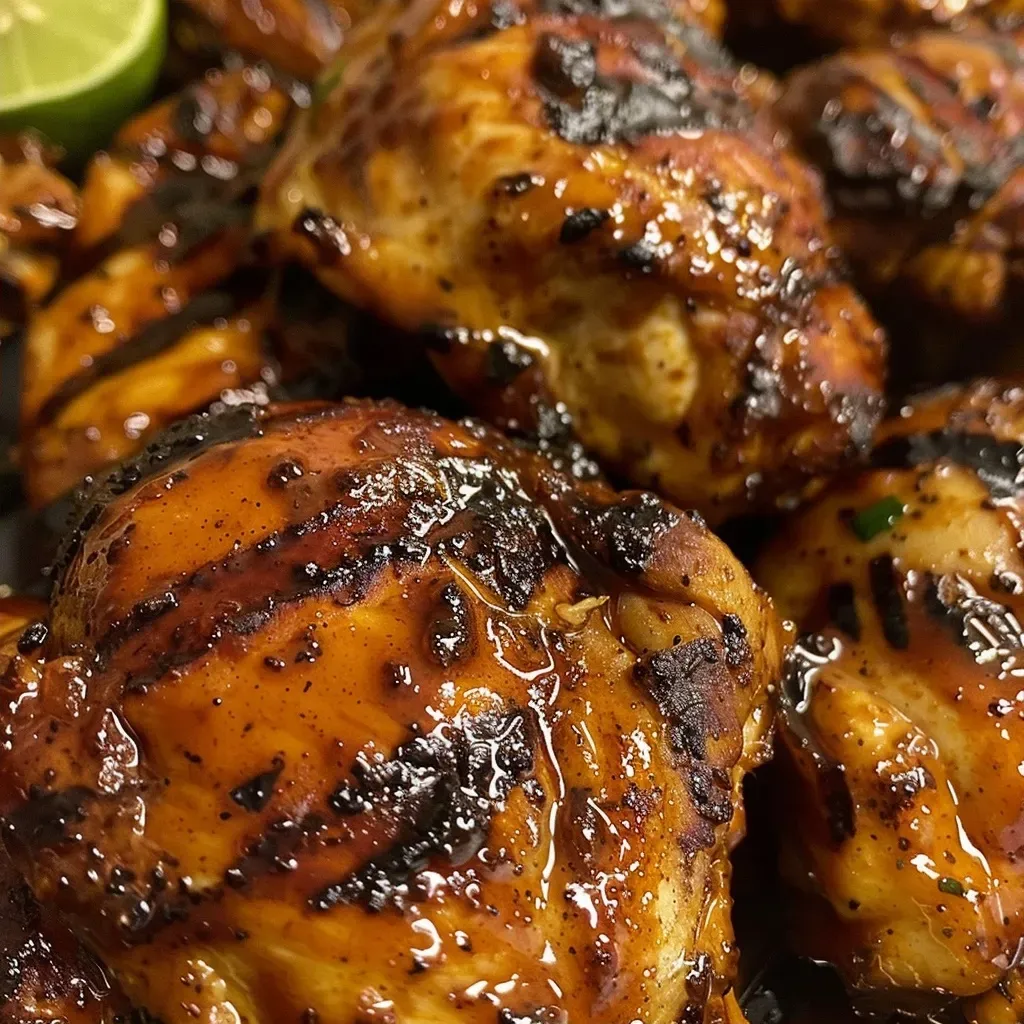Close-up of succulent grilled chicken coated in a rich, dark glaze.