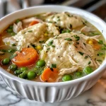 Close-up view of a bowl filled with Healthified Crock Pot Chicken & Dumplings, featuring tender chicken and colorful vegetables.