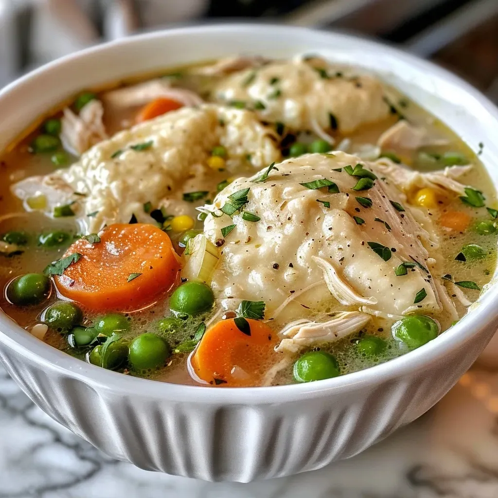 Close-up view of a bowl filled with Healthified Crock Pot Chicken & Dumplings, featuring tender chicken and colorful vegetables.