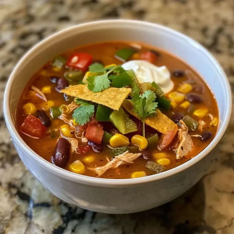 Close-up side view of a bowl of Healthy Chicken Tortilla Soup with vibrant ingredients.