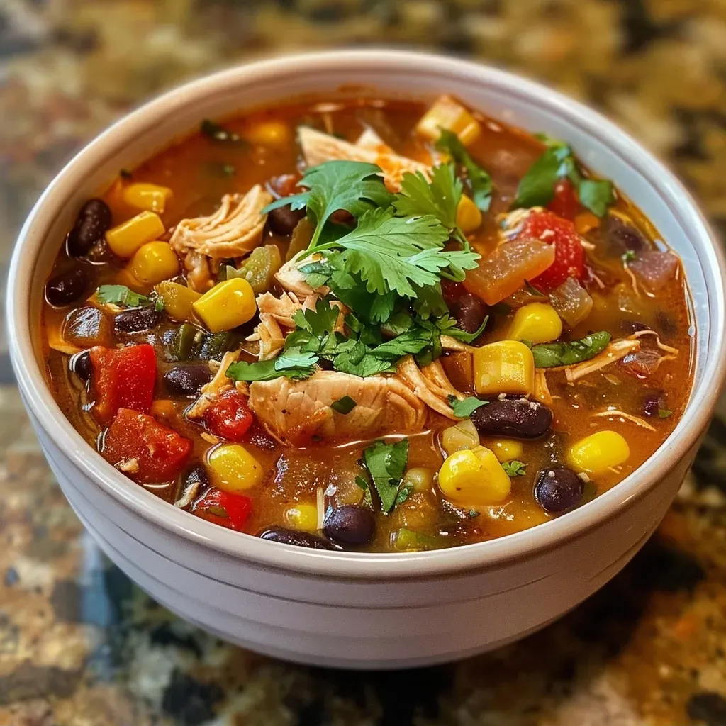Delicious Healthy Chicken Tortilla Soup served in a bowl, showcasing colorful vegetables and toppings.