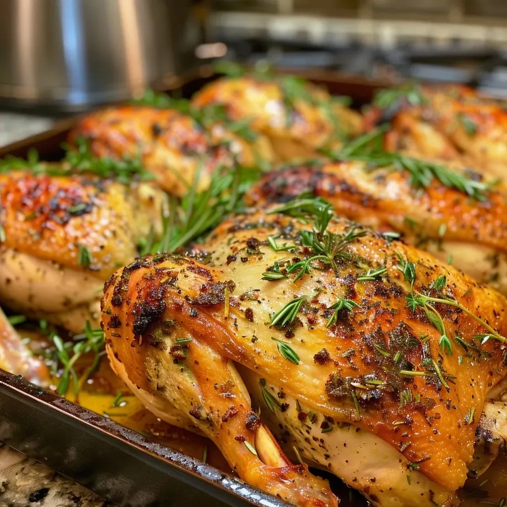 Side view of a golden-brown spatchcock chicken, garnished with fresh herbs.