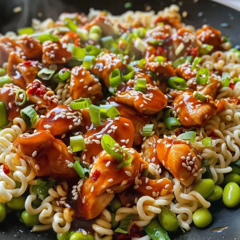 Close-up view of juicy sticky garlic chicken served over noodles, showcasing vibrant green edamame and garnished with chopped green onions.