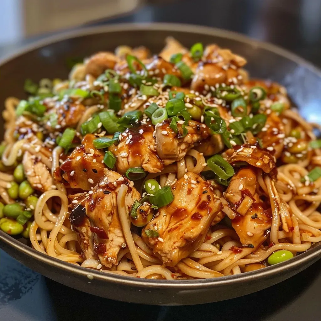 A side view of a bowl filled with high-protein sticky garlic chicken noodles, highlighting the tender chicken pieces and glistening sauce.