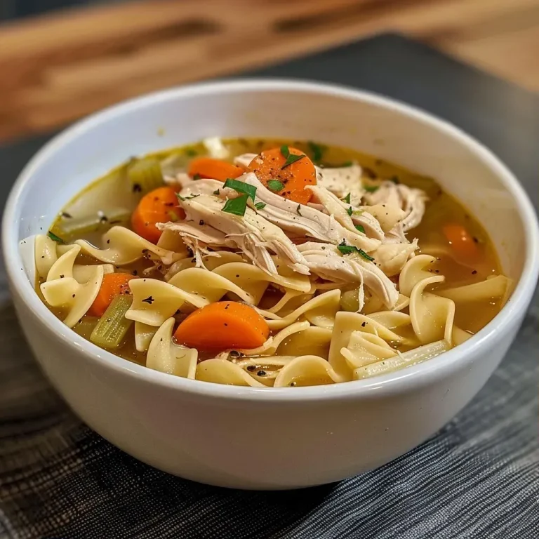 A close-up view of homemade chicken noodle soup with carrots, celery, and egg noodles, served in a bowl.