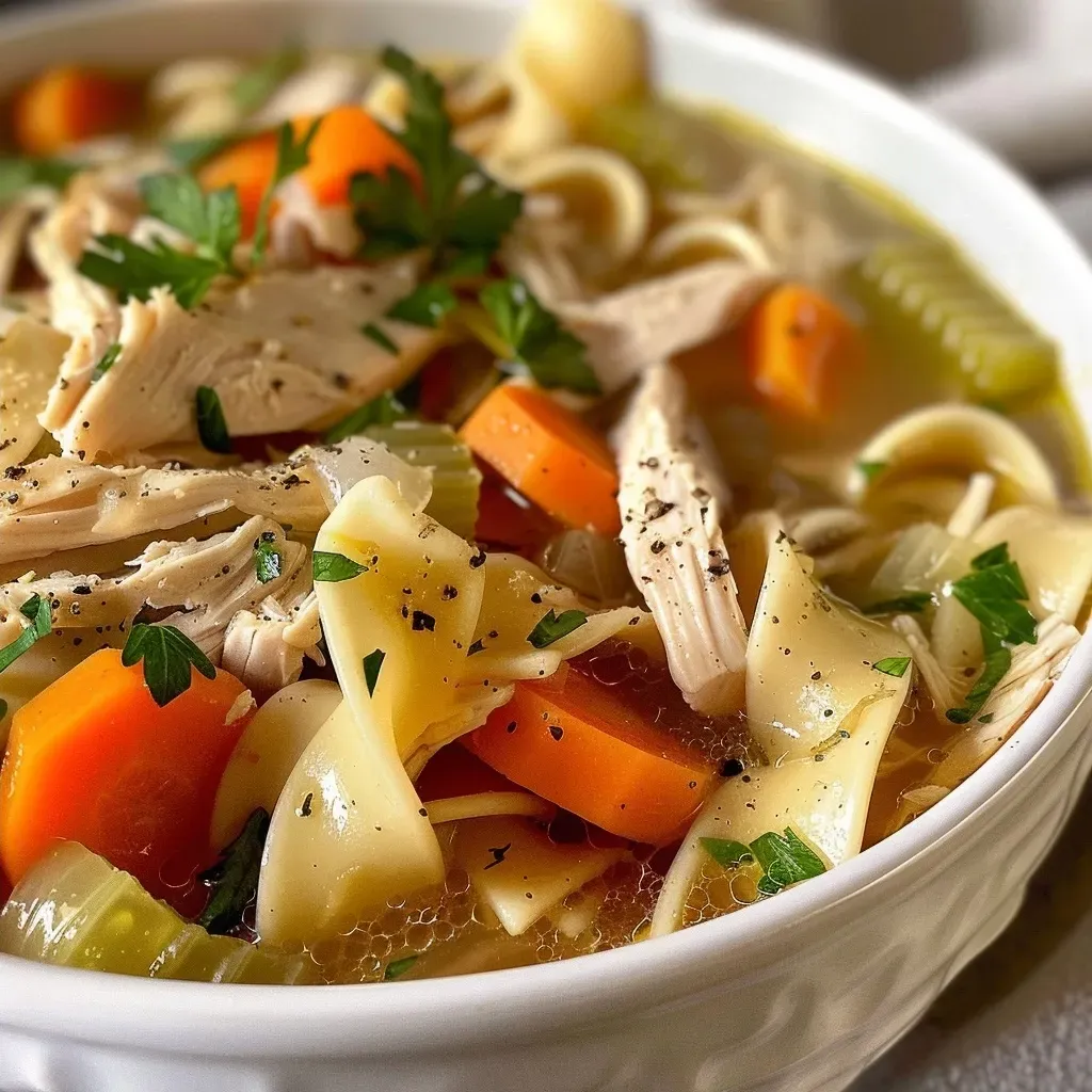 A side perspective of a steaming bowl of chicken noodle soup, featuring pieces of chicken, vegetables, and herbs.