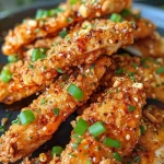 Close-up view of juicy hot honey chicken tenders on a plate.