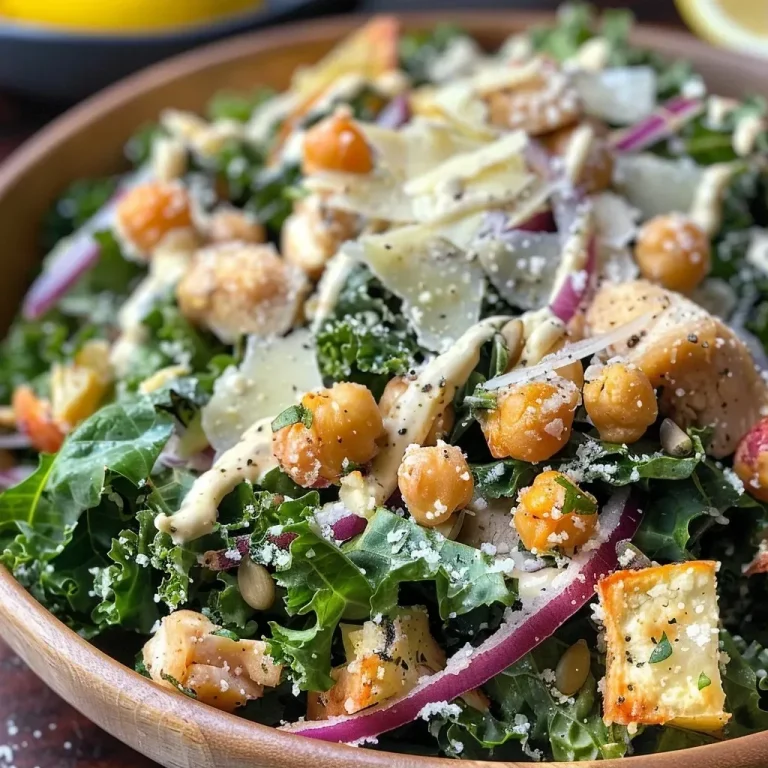 Close-up of a vibrant Kale Caesar Salad featuring fresh greens and toppings.