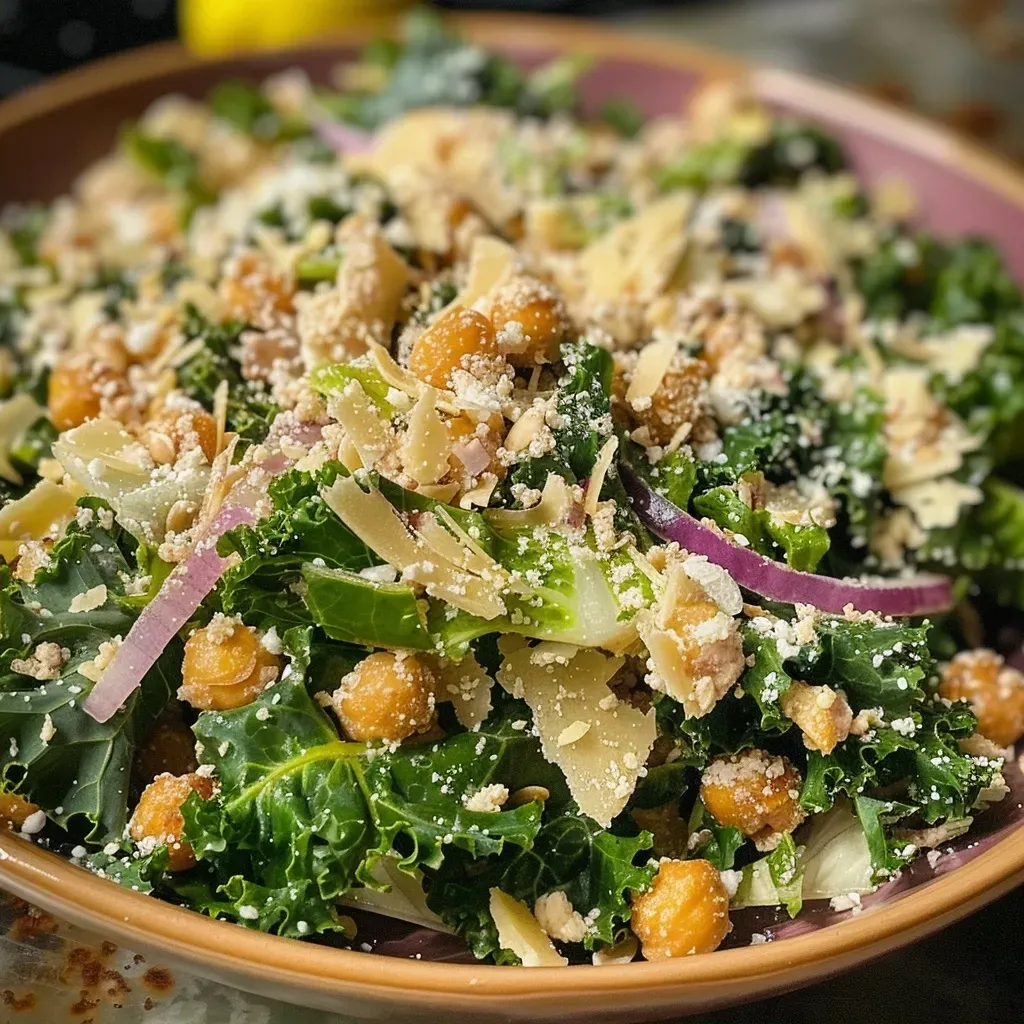Delicious Kale Caesar Salad with crispy chickpeas and shaved parmesan cheese.