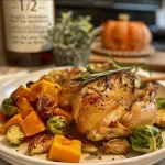 Close-up view of juicy Maple Mustard Roasted Chicken with vegetables on a sheet pan.