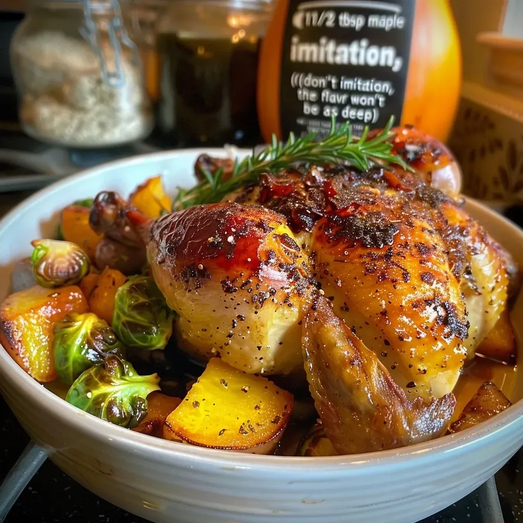 Side view of succulent chicken thighs glazed with maple mustard, surrounded by butternut squash and Brussels sprouts.