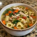 Close-up view of a steaming bowl of Marry Me Chicken Soup with chicken, pasta, and spinach.