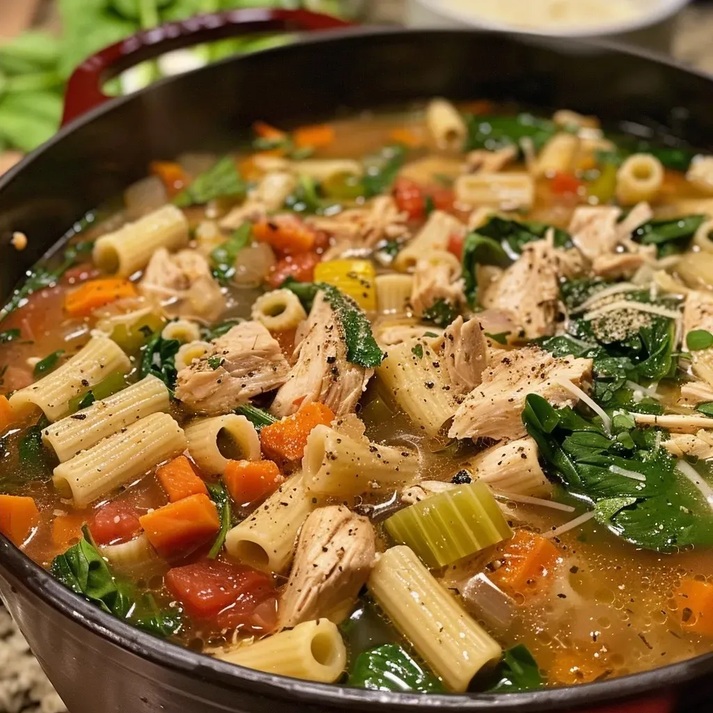 Juicy Marry Me Chicken Soup featuring pasta and fresh spinach in a bowl.