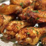 Close-up view of juicy Old Bay chicken wings plated on a white dish.