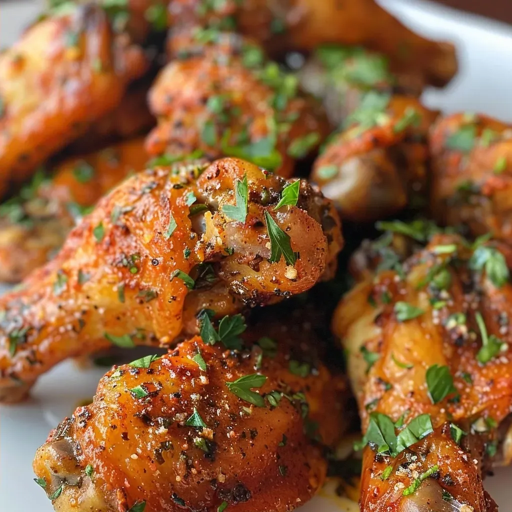 Side view of crispy chicken wings seasoned with Old Bay, garnished with parsley.