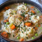 Close-up view of a bowl filled with One Pot Chicken Dumpling Soup, featuring biscuit dumplings and vibrant vegetables.