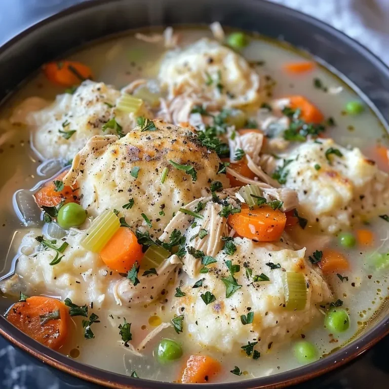 Close-up view of a bowl filled with One Pot Chicken Dumpling Soup, featuring biscuit dumplings and vibrant vegetables.