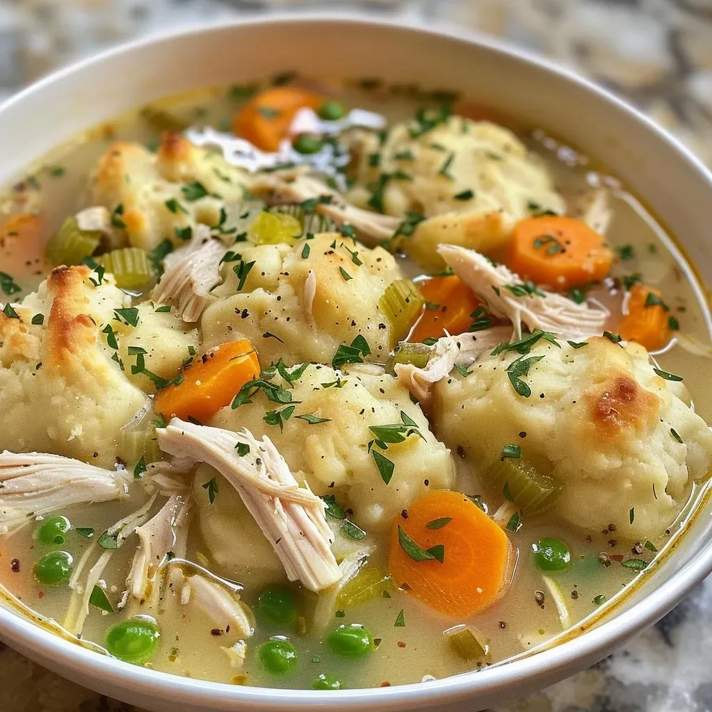A side view of a delicious chicken dumpling soup with golden biscuit dough dumplings and fresh herbs.