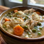 A close-up view of a steaming bowl of One Pot High Protein Chicken and Dumpling Soup, featuring fluffy biscuit dough dumplings and colorful mixed vegetables.
