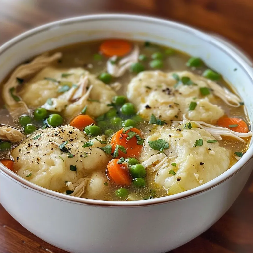 A side view of a hearty chicken and dumpling soup in a white bowl, showcasing shredded chicken, vibrant veggies, and biscuit dough.