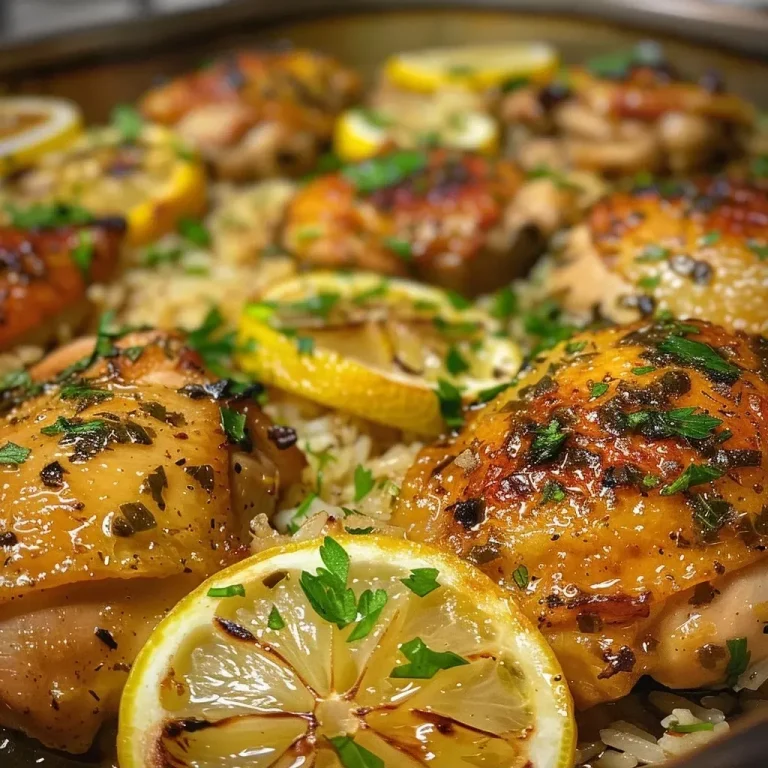 Close-up side view of One Pot Lemon Herb Chicken and Rice with juicy chicken pieces and fresh herbs.