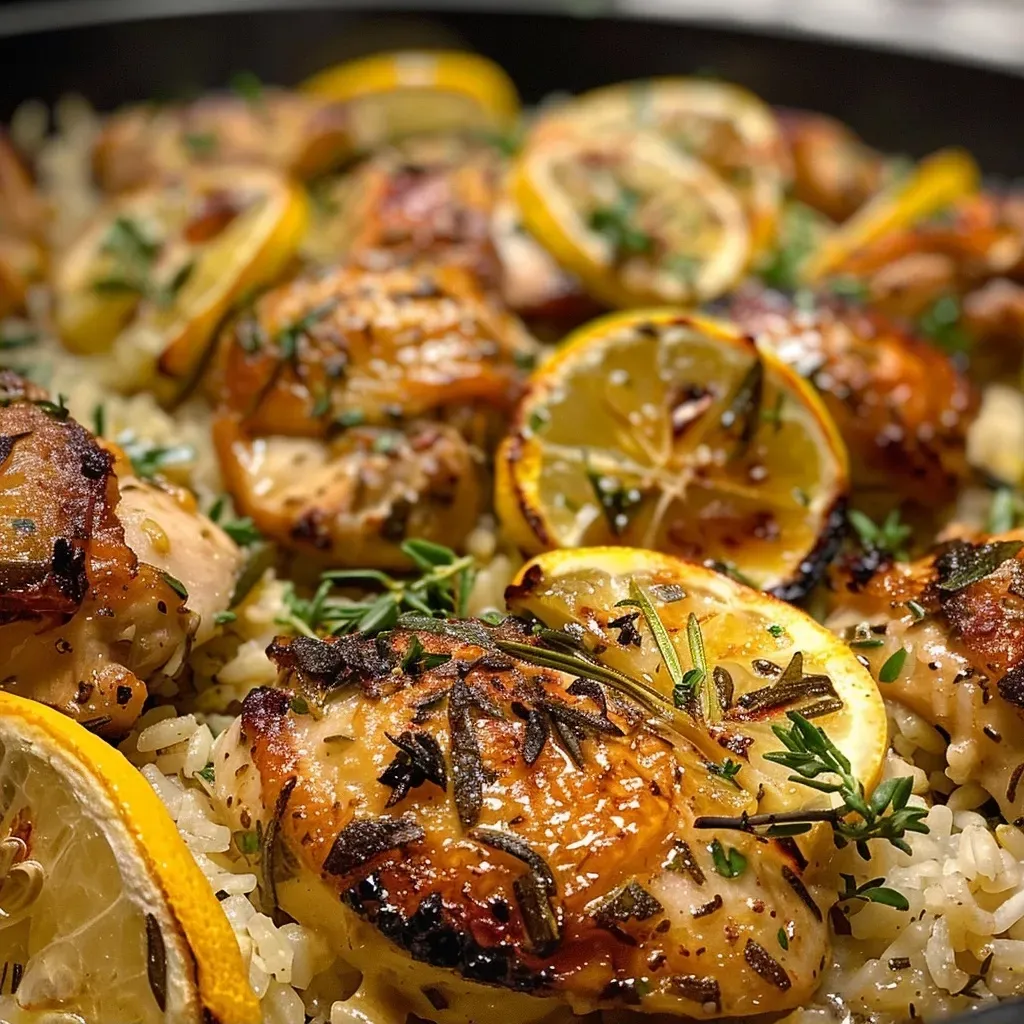 Delicious One Pot Lemon Herb Chicken and Rice showcasing chicken, rice, and lemon garnished with herbs.