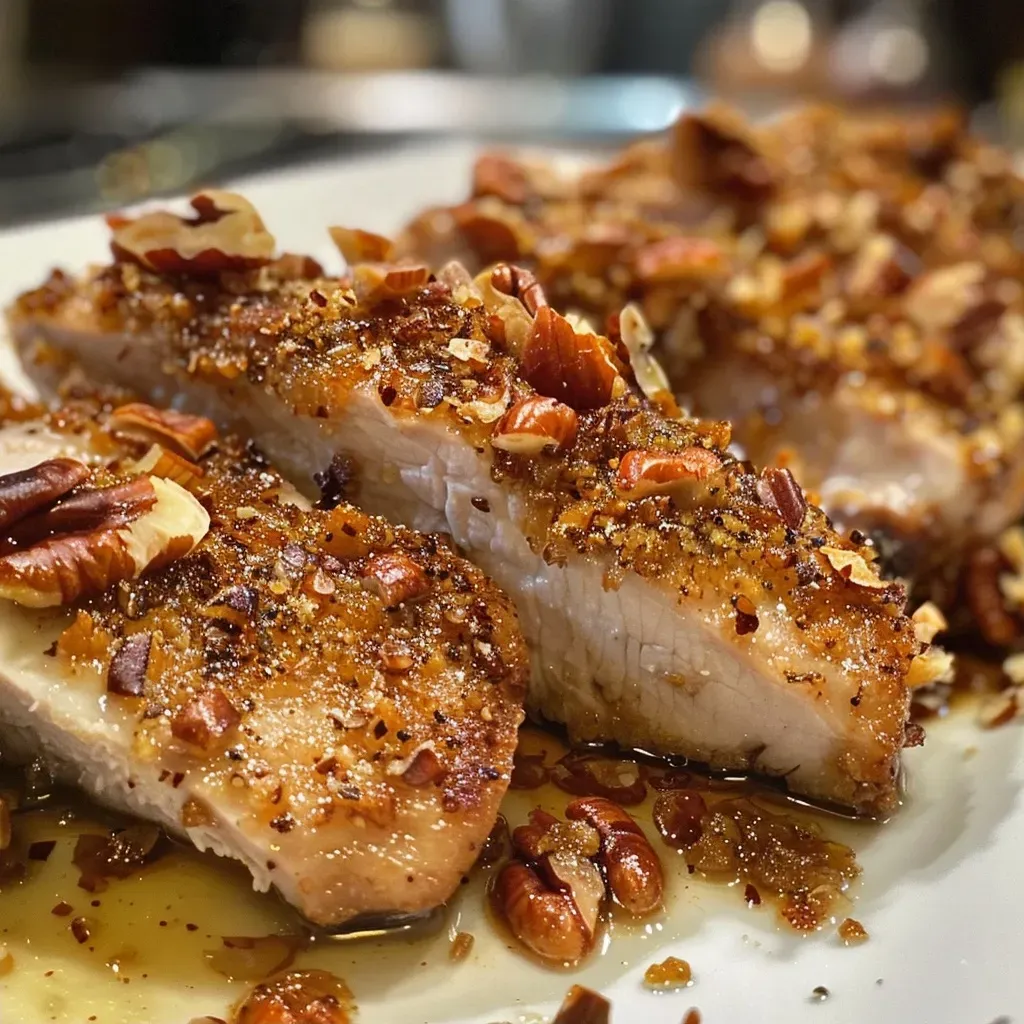 Side view of juicy pecan crusted chicken on a plate, highlighting the texture.