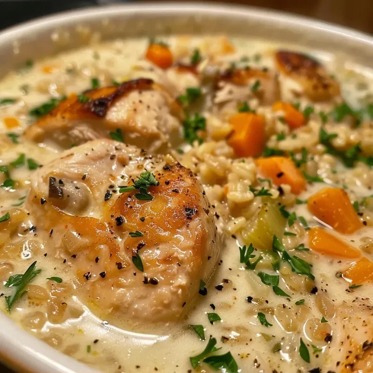 Close-up of a bowl filled with creamy chicken and barley, featuring diced chicken thighs and mixed vegetables.