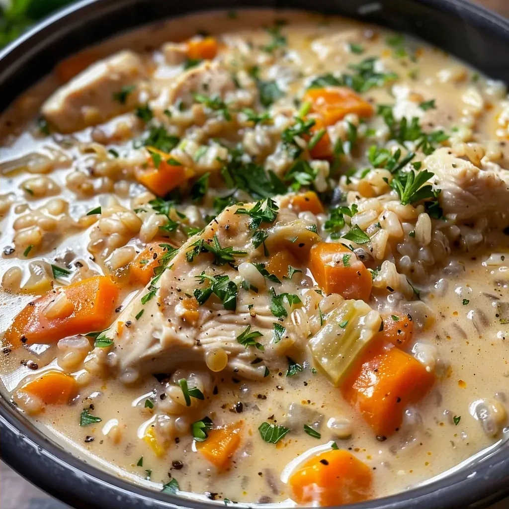 Side view of a rich, creamy chicken and barley dish, showcasing tender chicken and colorful vegetables.