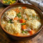 Close-up view of a bowl filled with creamy chicken and dumplings, showcasing tender chicken pieces and fluffy dumplings.