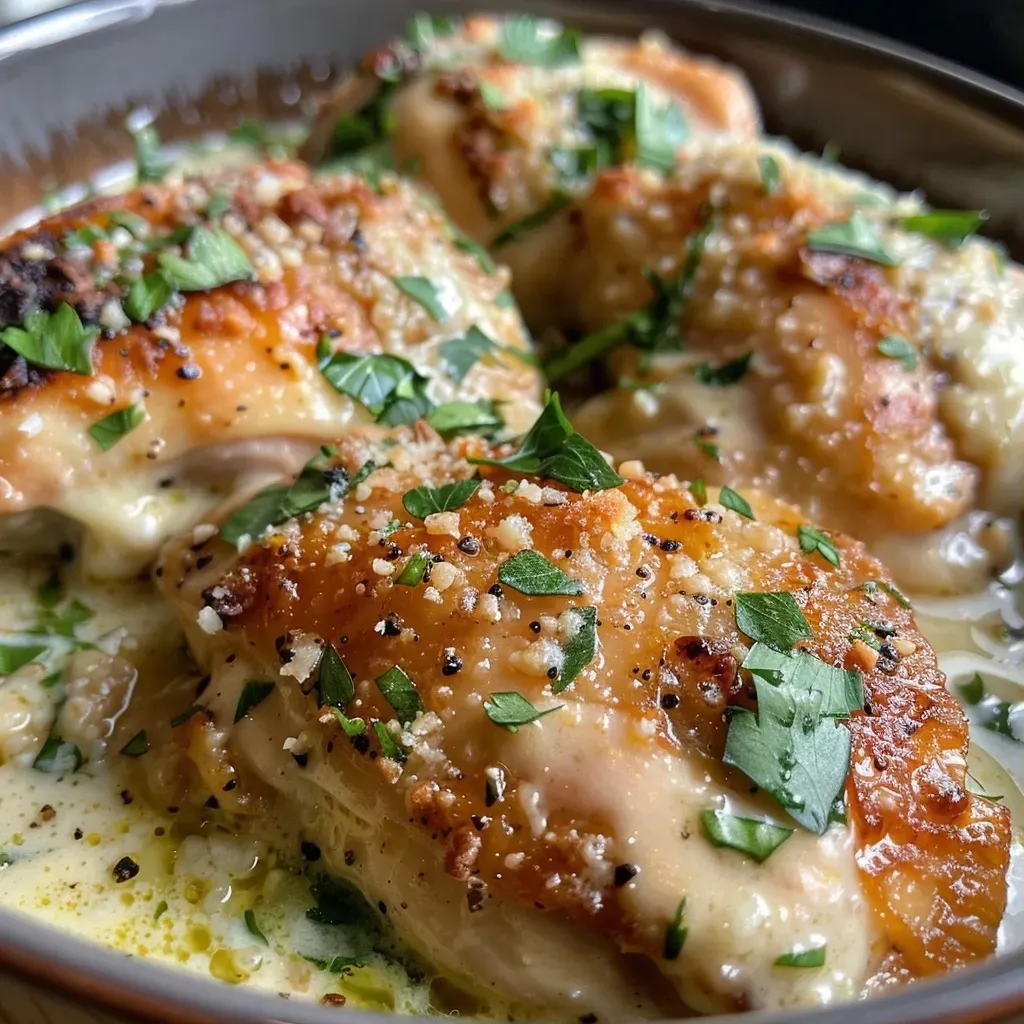 Juicy Slow Cooker Garlic Parmesan Chicken served on a plate with a creamy sauce.