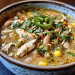 A close-up side view of a bowl filled with Spicy White Chicken Chili, showing its creamy texture and vibrant ingredients.