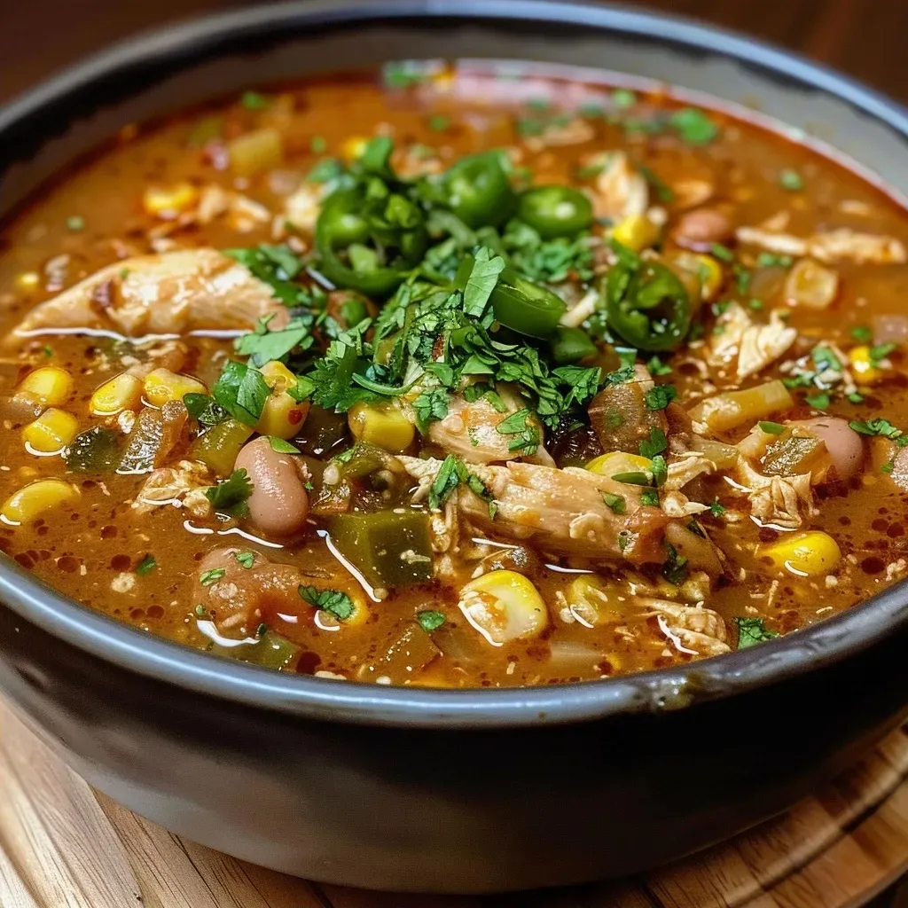 A detailed shot of Spicy White Chicken Chili in a white bowl, highlighting the chicken, beans, and colorful peppers.