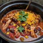 Close-up view of a bowl of Stovetop Chicken Chili with colorful ingredients visible.