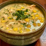 Close-up view of a bowl of Sweet Corn and Chicken Soup, featuring chunks of chicken and corn.