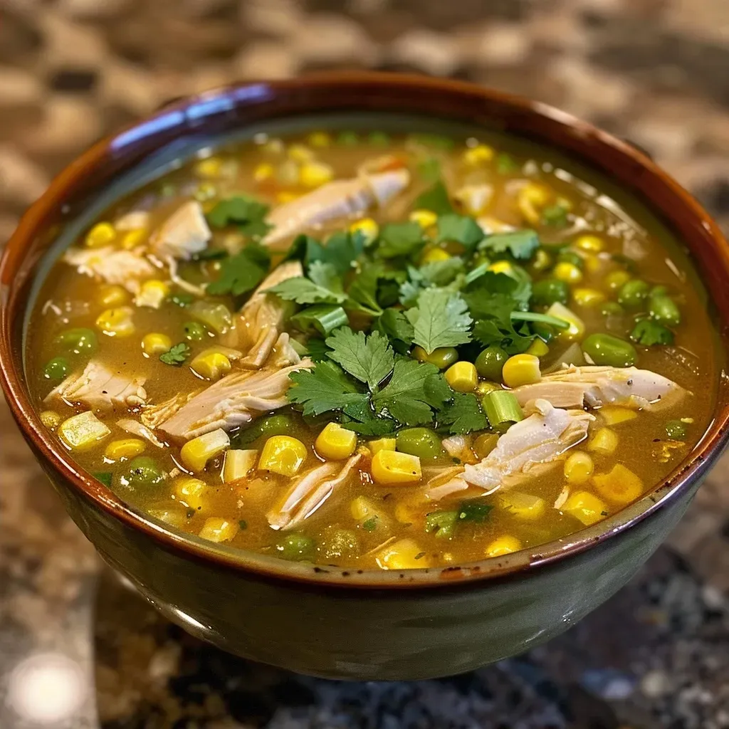 Side view of a creamy Sweet Corn and Chicken Soup, garnished with fresh cilantro and cotija cheese.