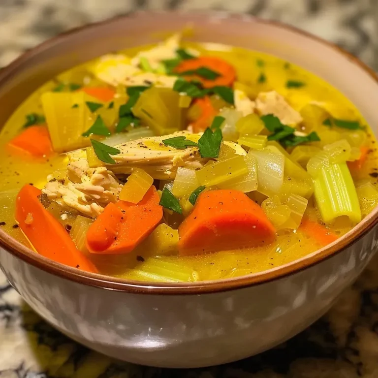 A close-up side view of a bowl of turmeric chicken soup, highlighting its vibrant yellow color and fresh ingredients.