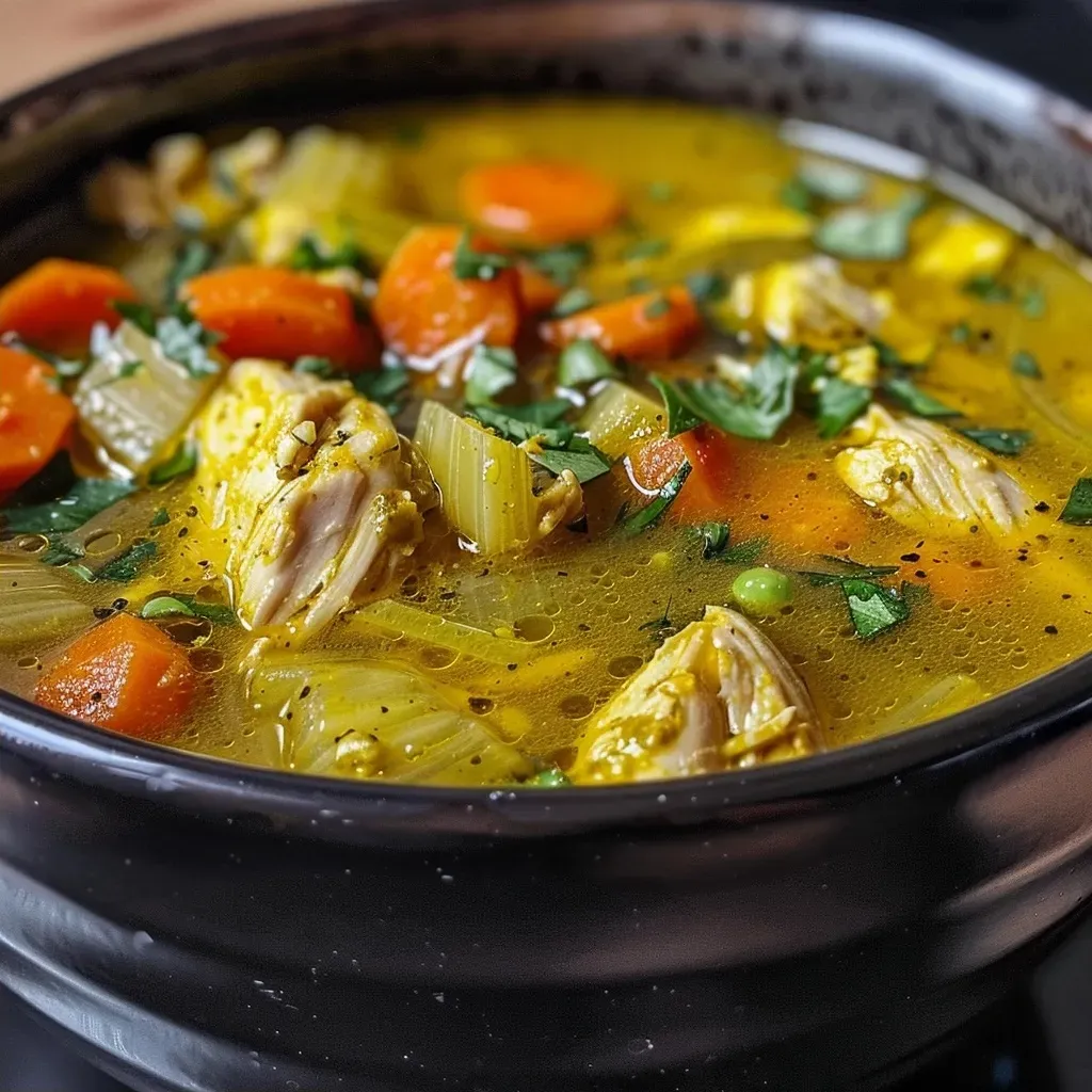 A delicious-looking bowl of turmeric chicken soup, featuring chunks of chicken and various vegetables, with a sprinkle of fresh parsley on top.