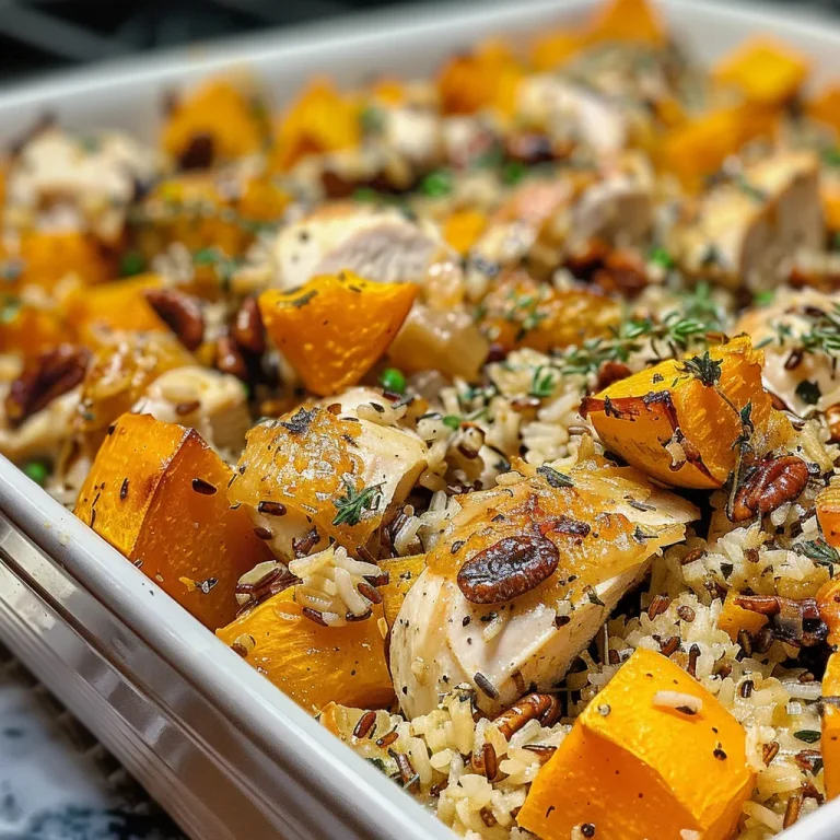 Close-up view of a healthy butternut squash, chicken, and wild rice casserole with a golden-brown topping.
