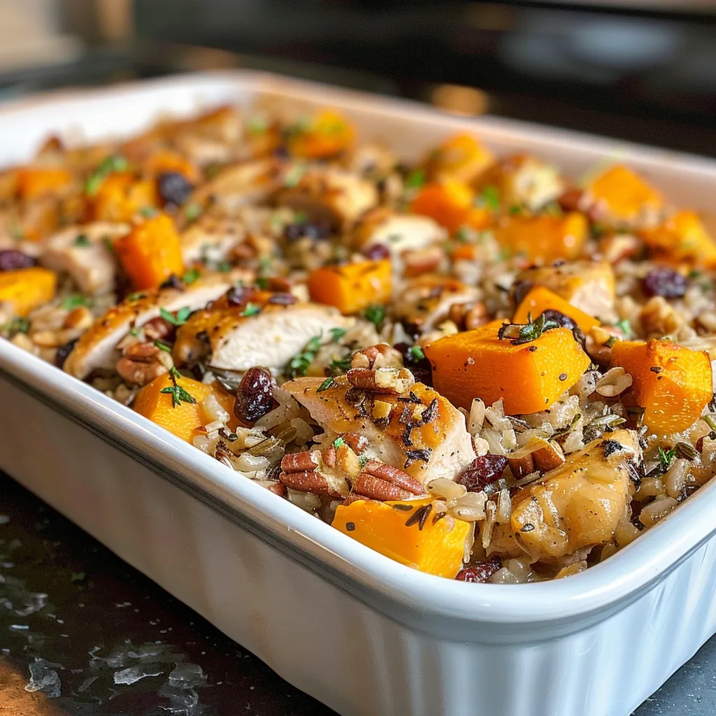 Side angle of a casserole dish filled with butternut squash, chicken, and wild rice, garnished with herbs.