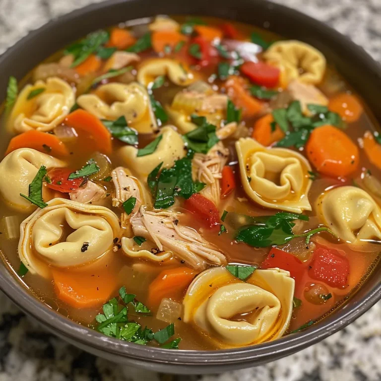 Close-up side view of a bowl of Chicken Tortellini Soup with vibrant vegetables and tortellini.